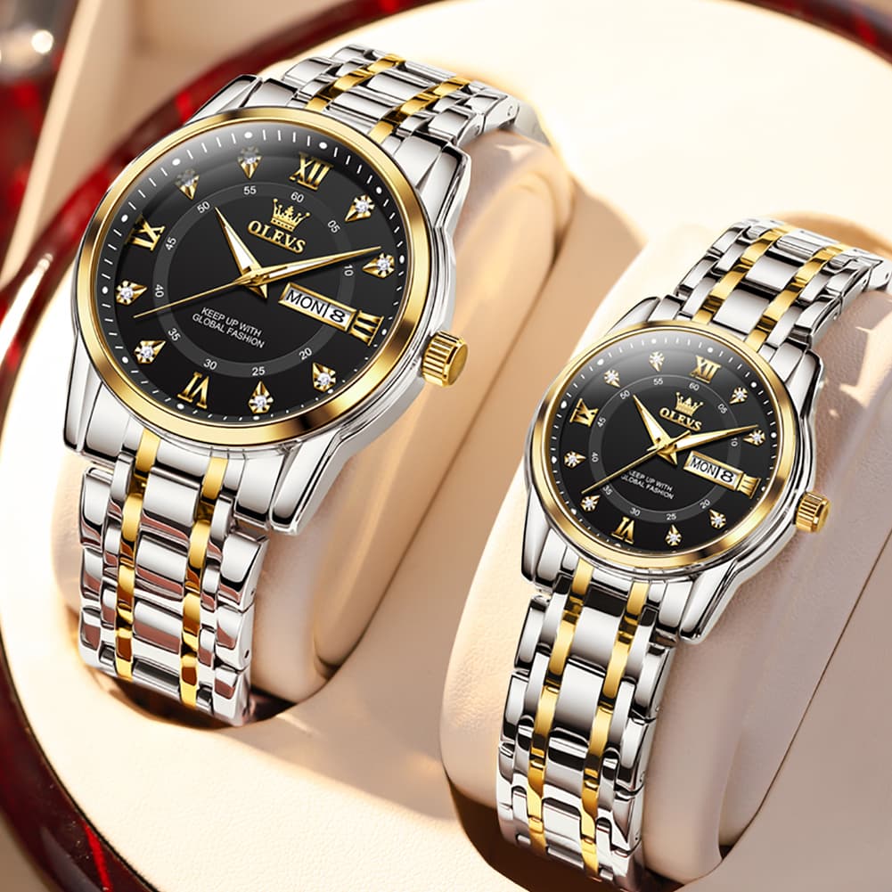 OLEVS Couple Watches Diamond Dial Day Date Quartz Watch 5513 Steel Band for His and Hers