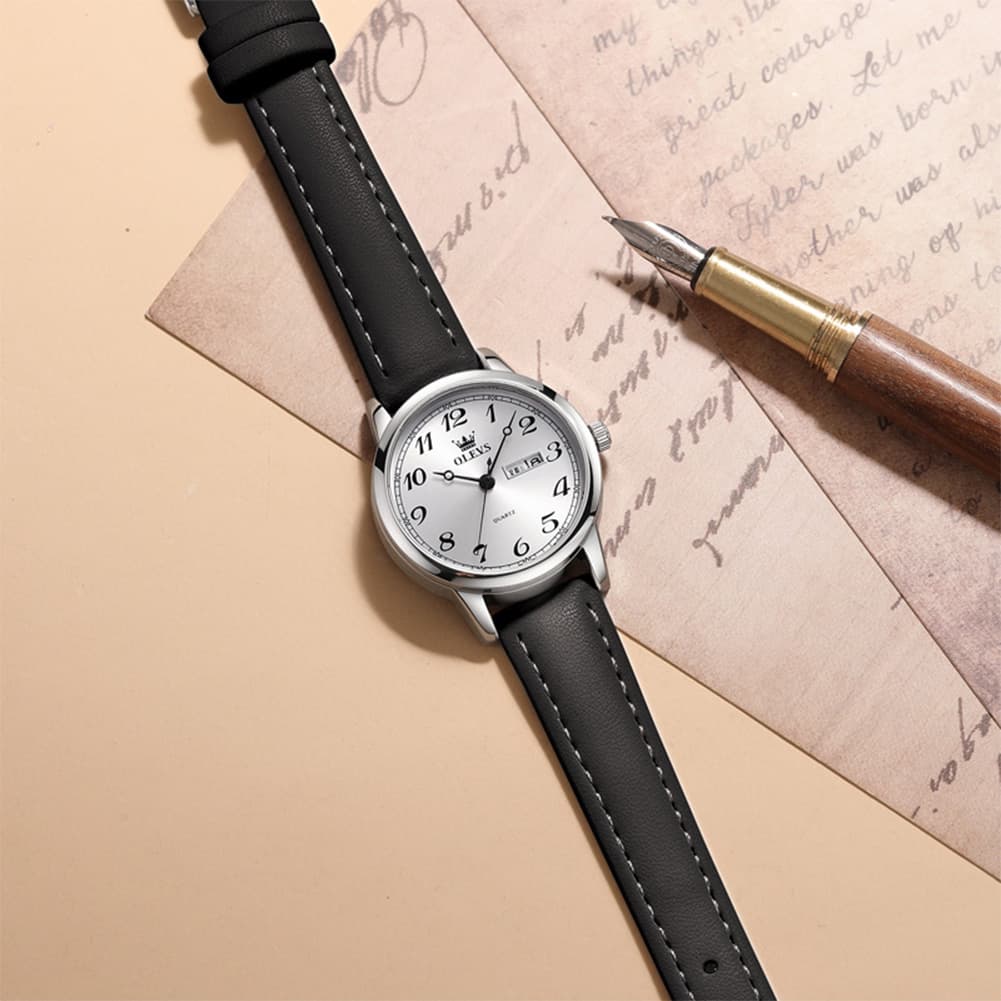 OLEVS 5662 Petite Vintage Quartz Watch Day Date Leather Strap Elegant Dress Timepiece for Women