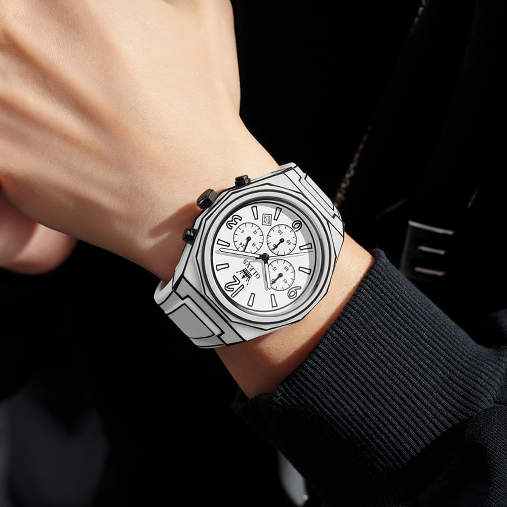 OLEVS Men Streetwear Comic Chronograph Watch Octagonal Silicone Quartz 5622