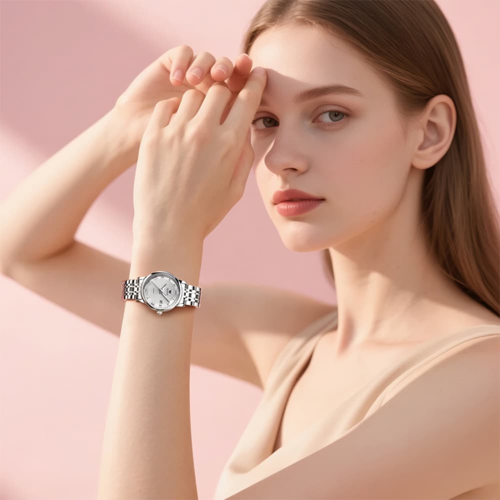 OLEVS Women Sunray Pastel Watch Petite Silver Stainless Steel Date Quartz 5611