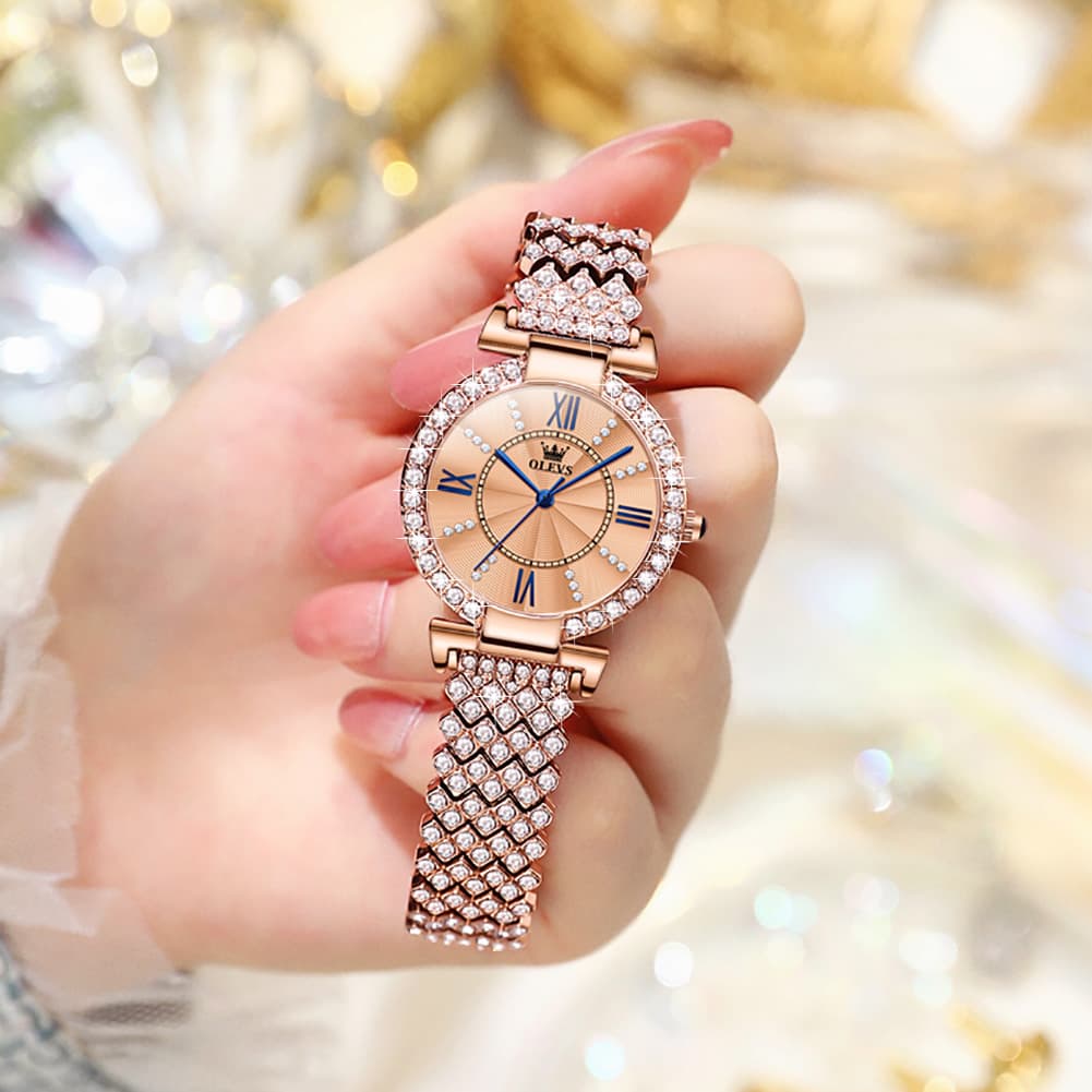 OLEVS 9942 Diamond Set Bracelet Rose Gold Watch for Women