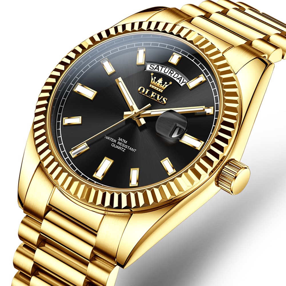 OLEVS 5650 Fluted Bezel Day Date Watch Stainless Steel Quartz Luxury Timepiece for Men
