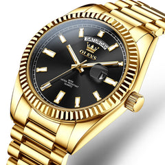 OLEVS 5650 Fluted Bezel Day Date Watch Stainless Steel Quartz Luxury Timepiece for Men