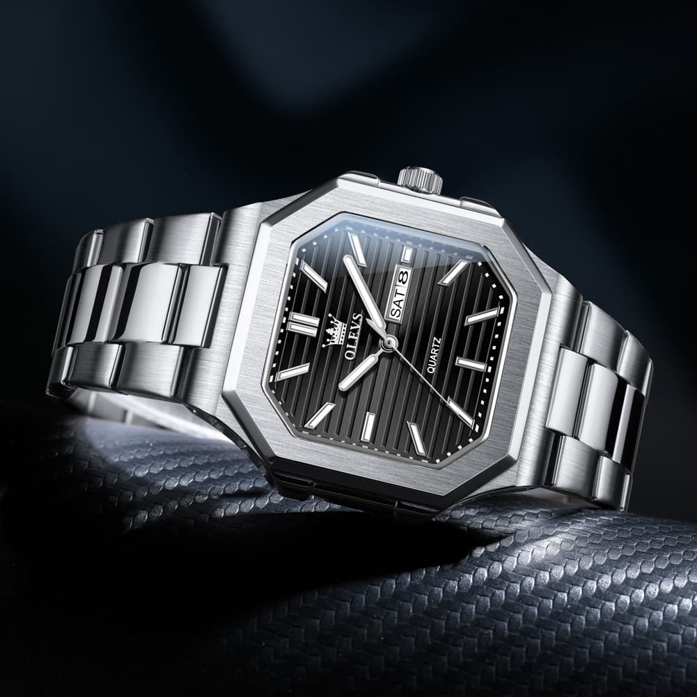 OLEVS 3731 Square Ribbed Dial Luminous Quartz Watch for Men