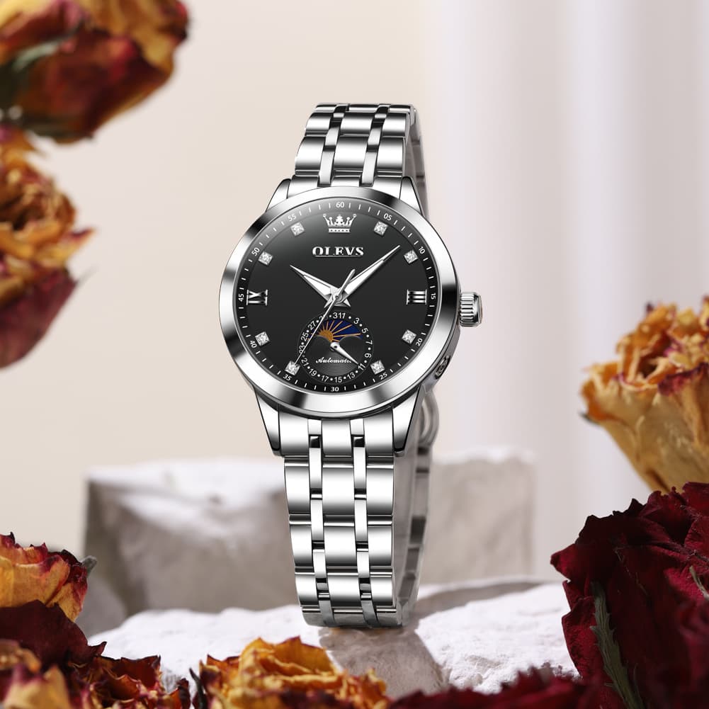 OLEVS 7041 Solid Steel Moon Phase Automatic Watch For Women