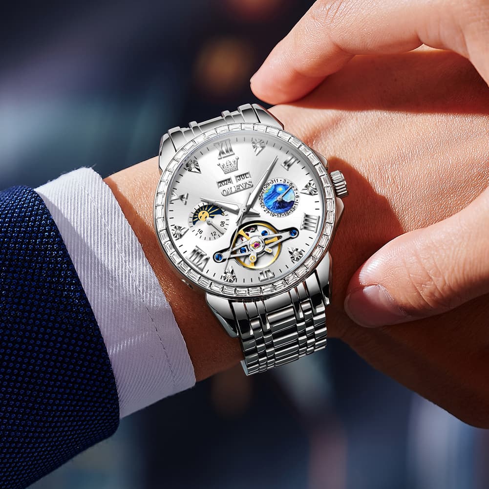 OLEVS 6712 Diamond Bezel Starry Moon Phase Calendar Mechanical Watch For Men