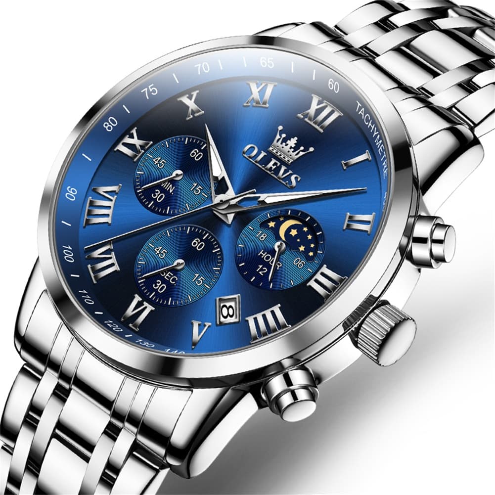 OLEVS Chronograph Moon Phase Dress Watch for Men Stainless Steel 5529