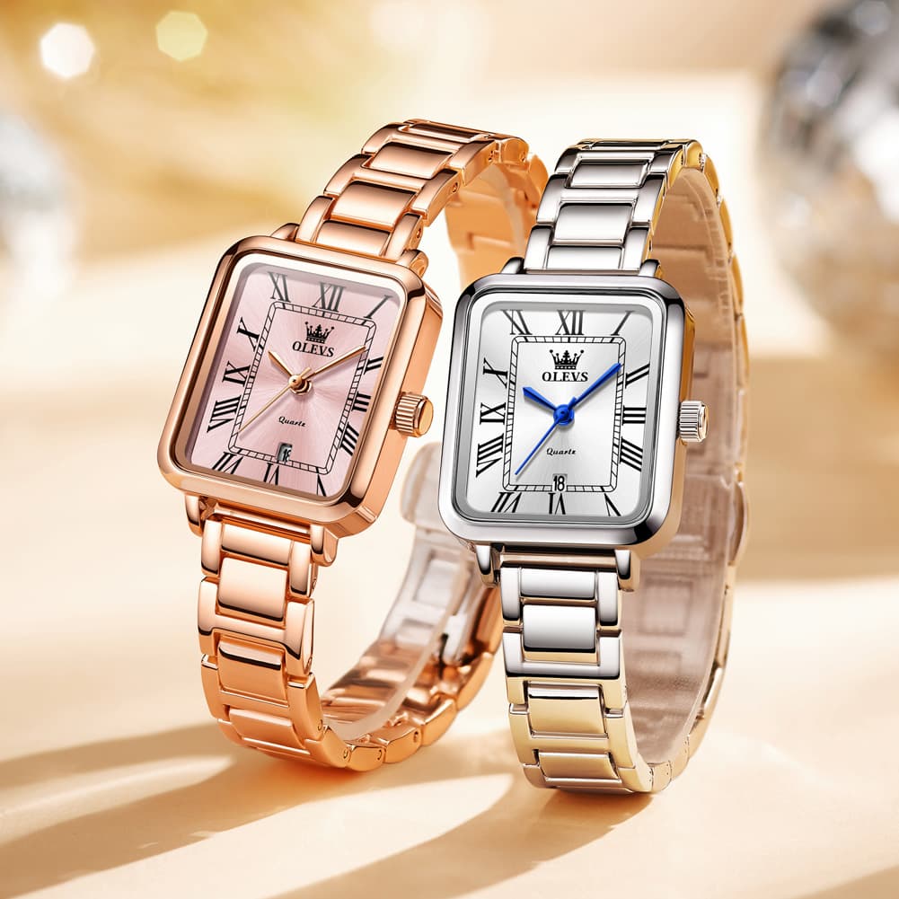 OLEVS Women Rectangular Dress Watch Retro Tank Stainless Steel Date Quartz 5641