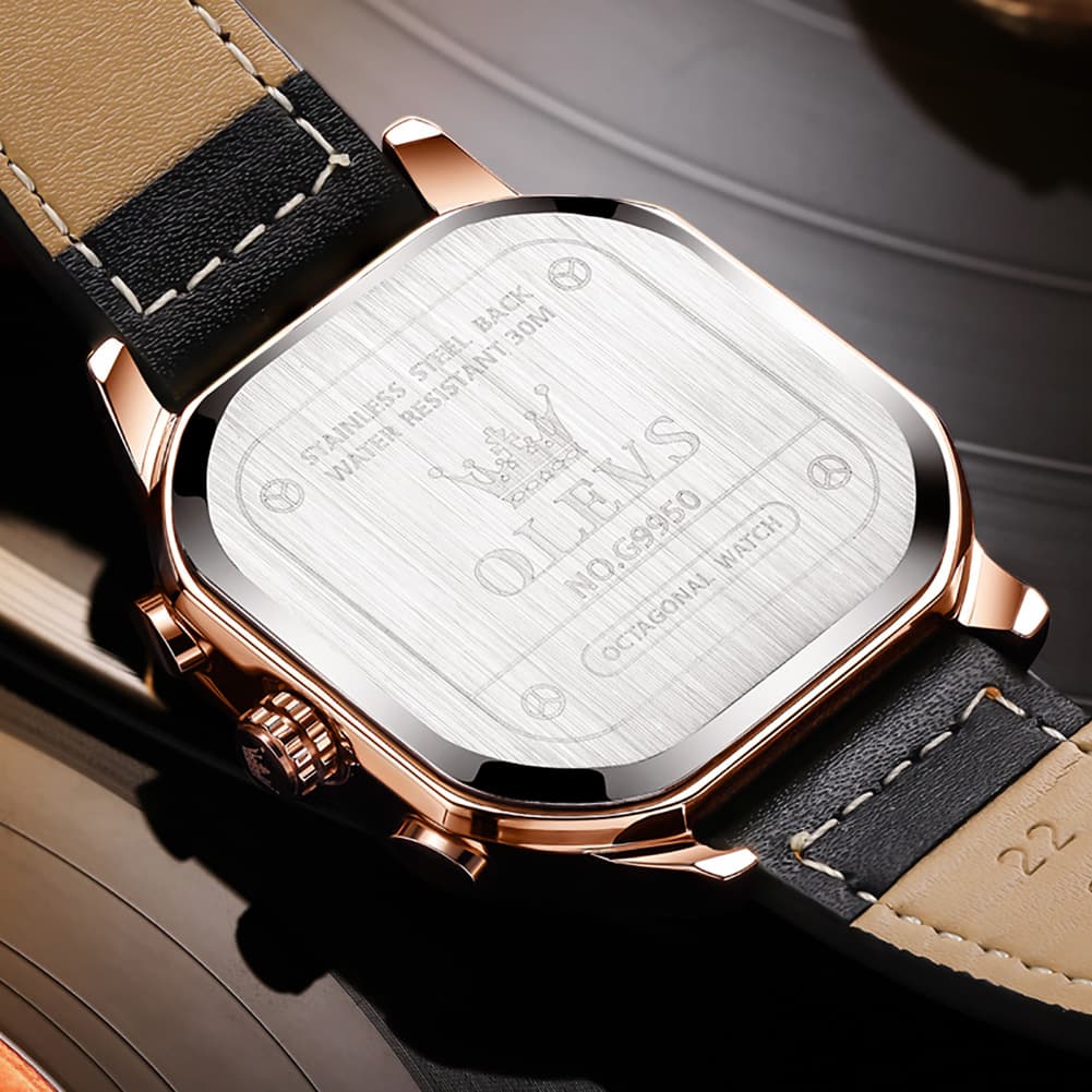 OLEVS 9950 Octagonal Case Chronograph Leather Watch for Men