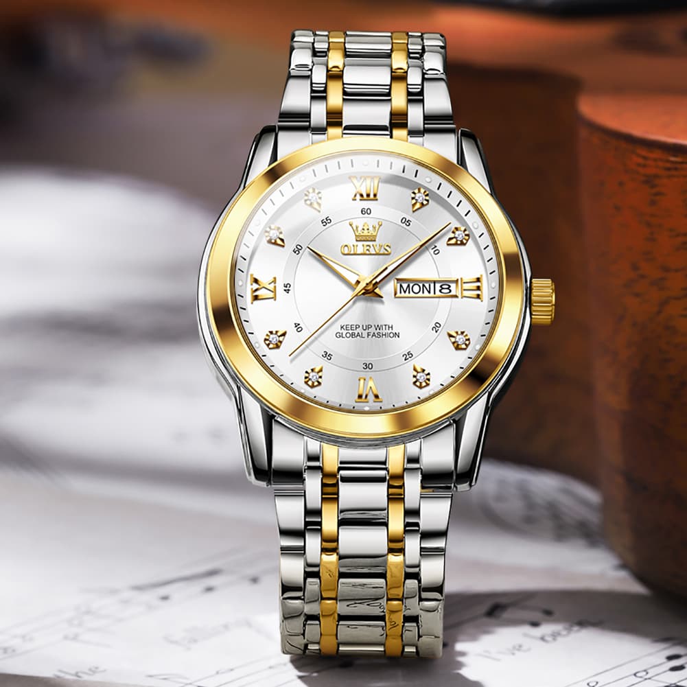 OLEVS Diamond Dial Day Date Quartz Watch 5513 Steel Band for Men