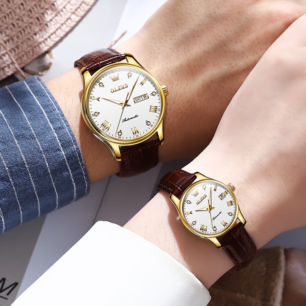 OLEVS Couple Watches Diamond Dial Automatic Mechanical Watch 9932 Leather Strap for His and Hers