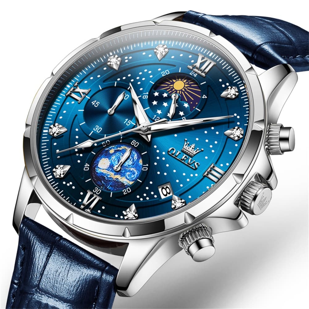 OLEVS 9807 Starry Moon Phase Chronograph Quartz Watch for Men