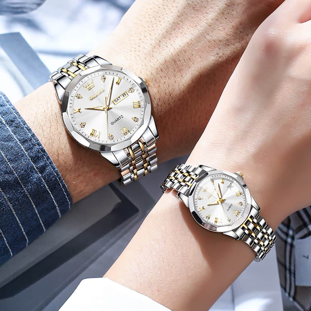 OLEVS 9931 Diamond Stainless Steel Couple Watch Set