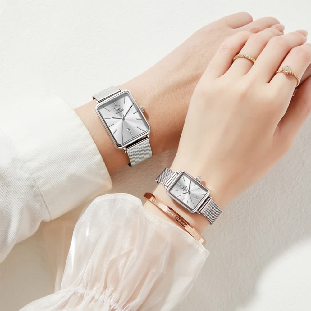 OLEVS 3692 Matching Couples Watch Set Rectangle Minimalist Mesh