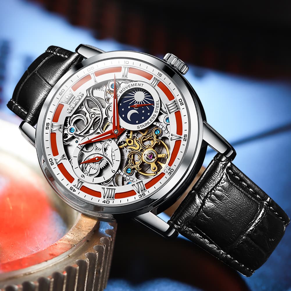 OLEVS 6670P Leather Skeleton Moon Phase Watch for Men