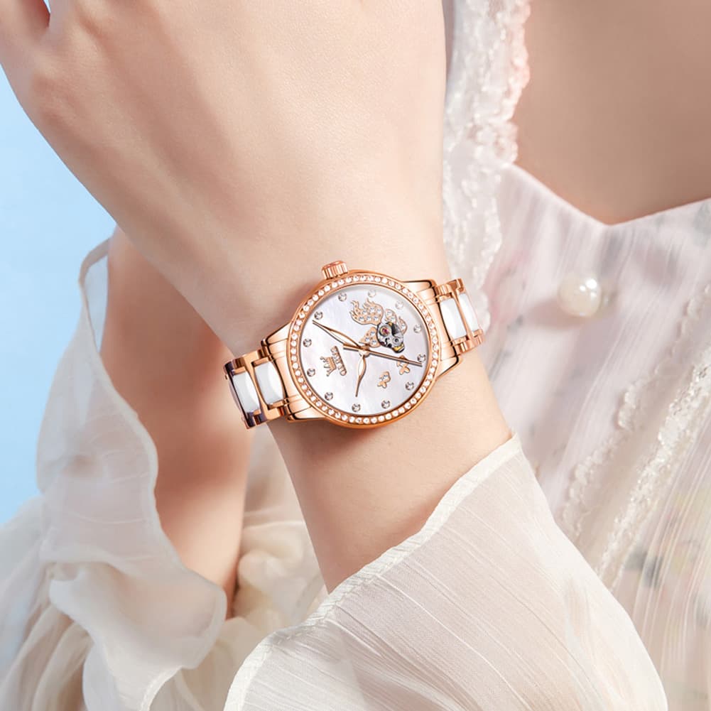 OLEVS 7001 Koi Skeleton Ceramic Mechanical Watch for Women