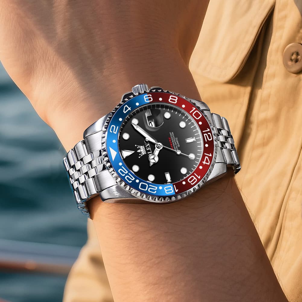 OLEVS 5657 Rotating Bezel Sports Watch Stainless Steel Jubilee Bracelet Quartz Timepiece for Men