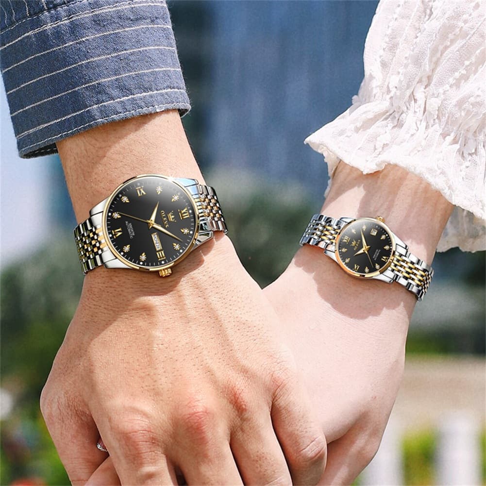 OLEVS 6673 Diamond Automatic Couple Watches Set
