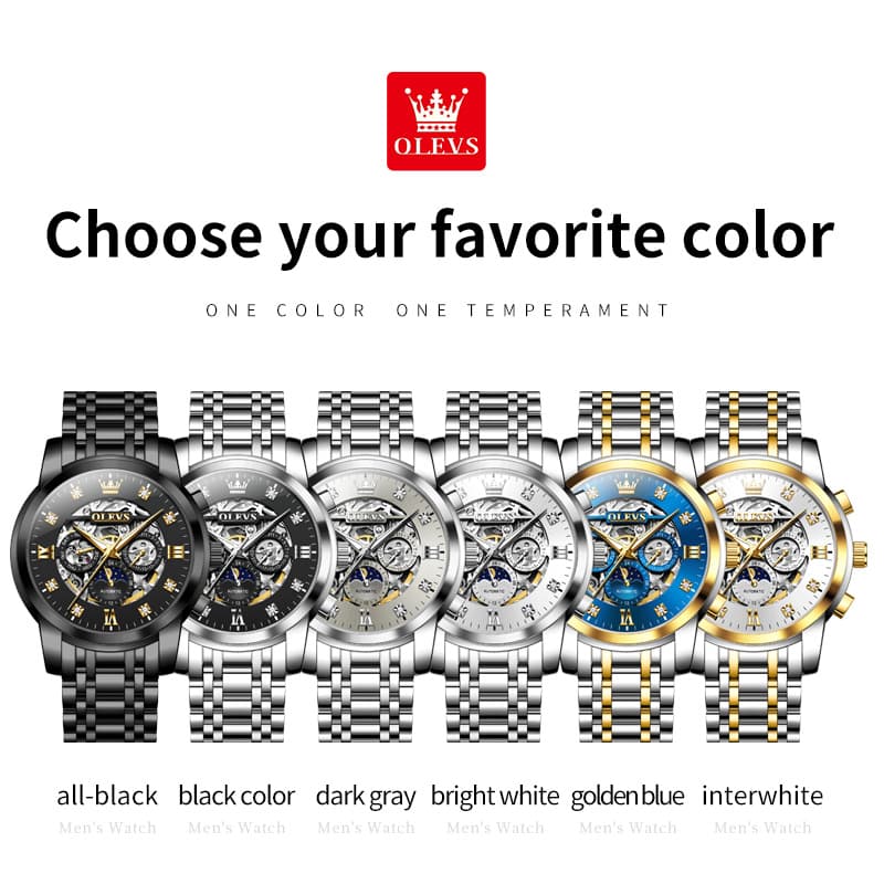 OLEVS 6721 Openwork Skeleton Diamond Dial Moon Phase Calendar Mechanical Watch For Men
