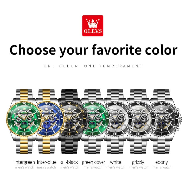 OLEVS 6715 Skeleton Multifunction Moon Phase Sports Mechanical Watch For Men