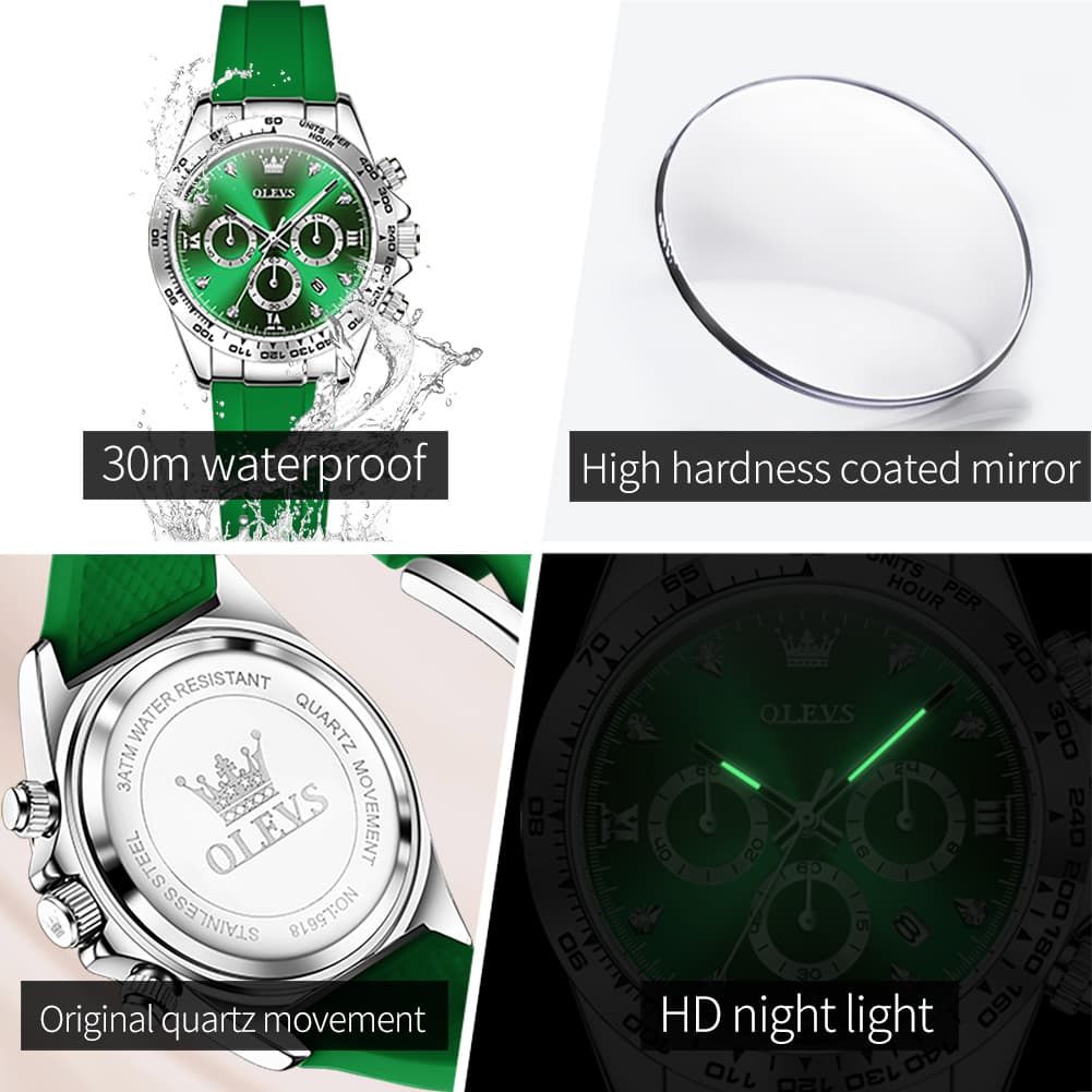 OLEVS Women Chronograph Watch Silicone Sport Strap Date Quartz 5618