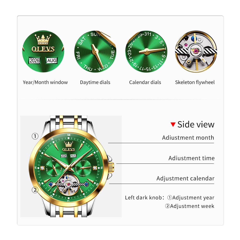 OLEVS 7091 Double Open Heart Multi-Function Automatic Watch For Men