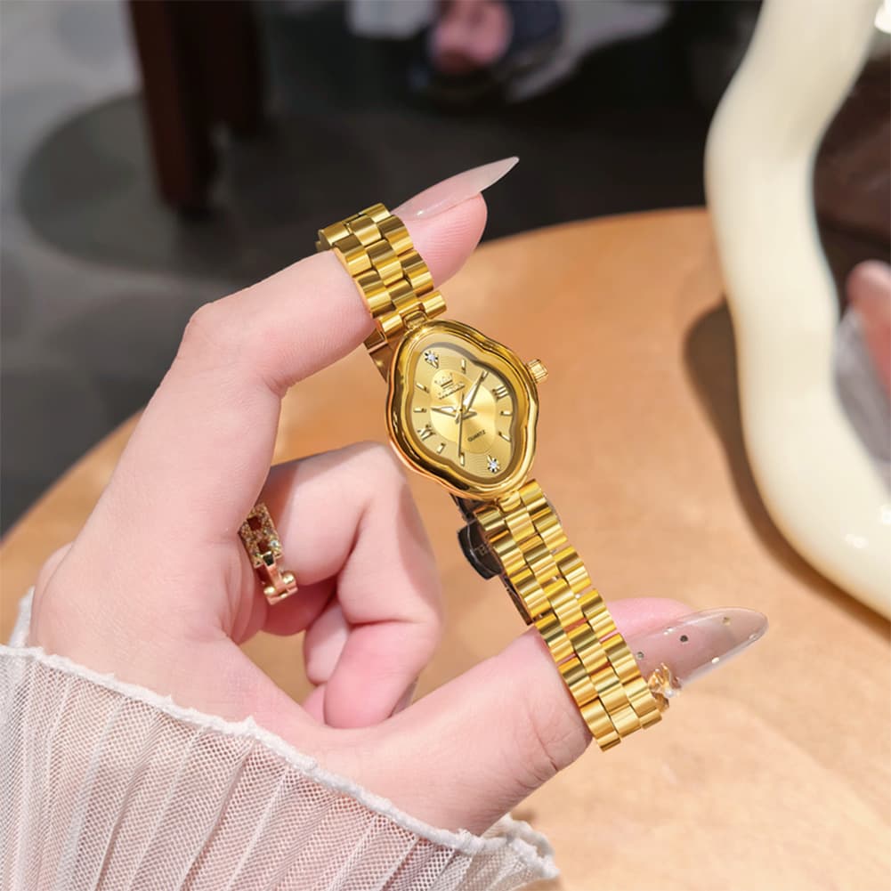 OLEVS 5666 Petal Case Vintage Dress Watch Gold Bracelet Quartz Jewelry Timepiece for Women