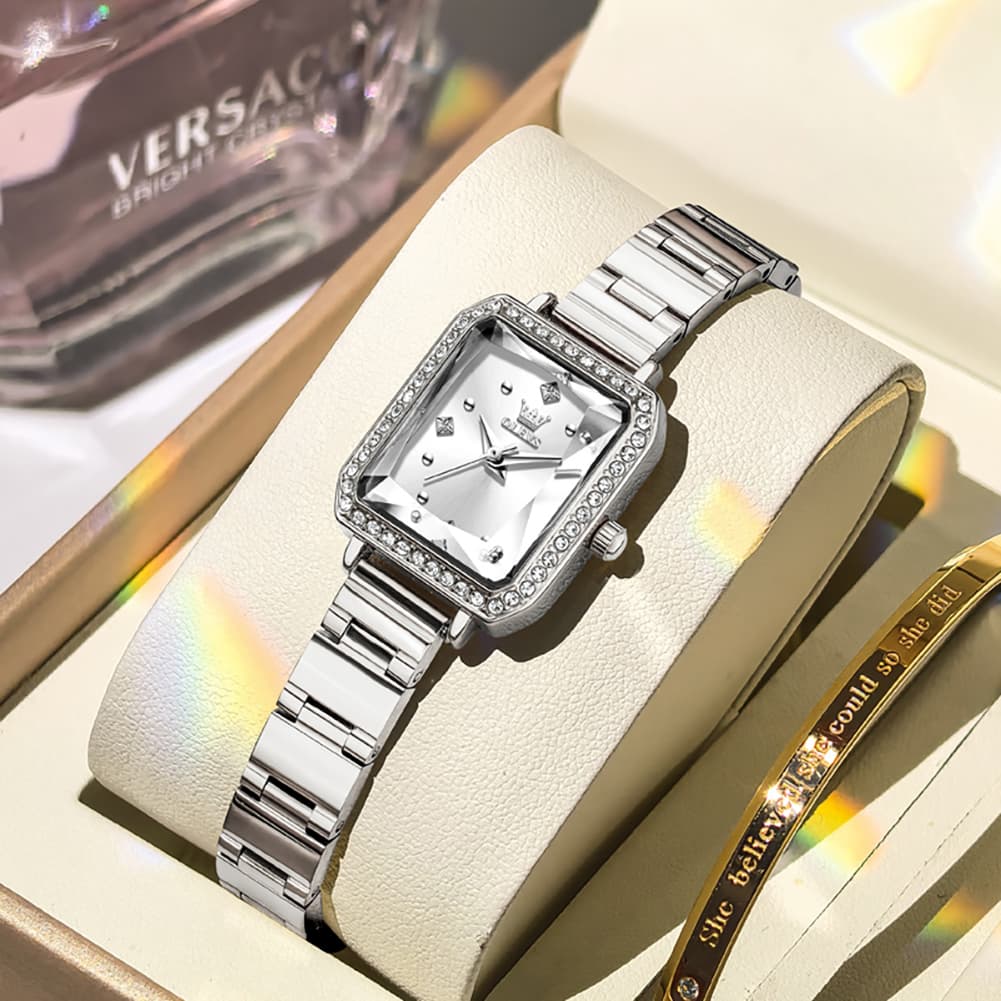 OLEVS 5688 Beveled Edge Crystal Rectangular Watch Diamond Bezel Stainless Steel Quartz Timepiece for Women