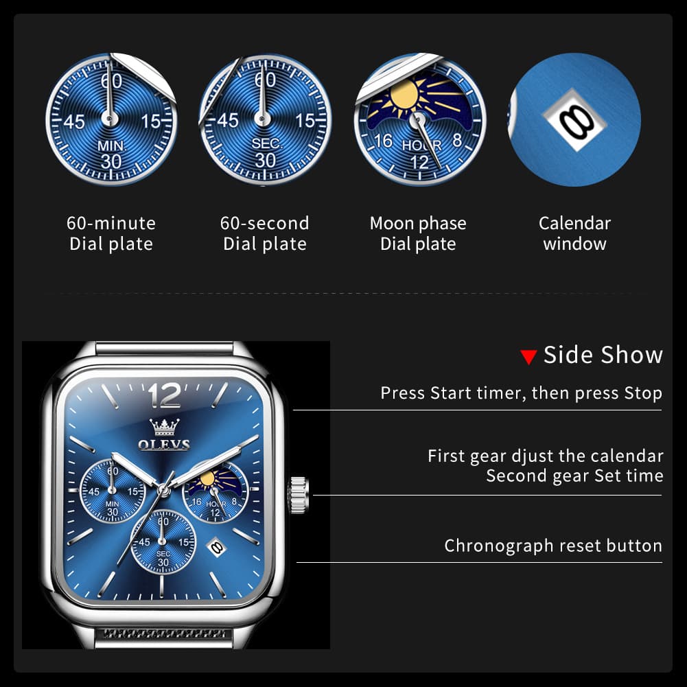 OLEVS 9914 Square Case Moon Phase Chronograph Watch for Men
