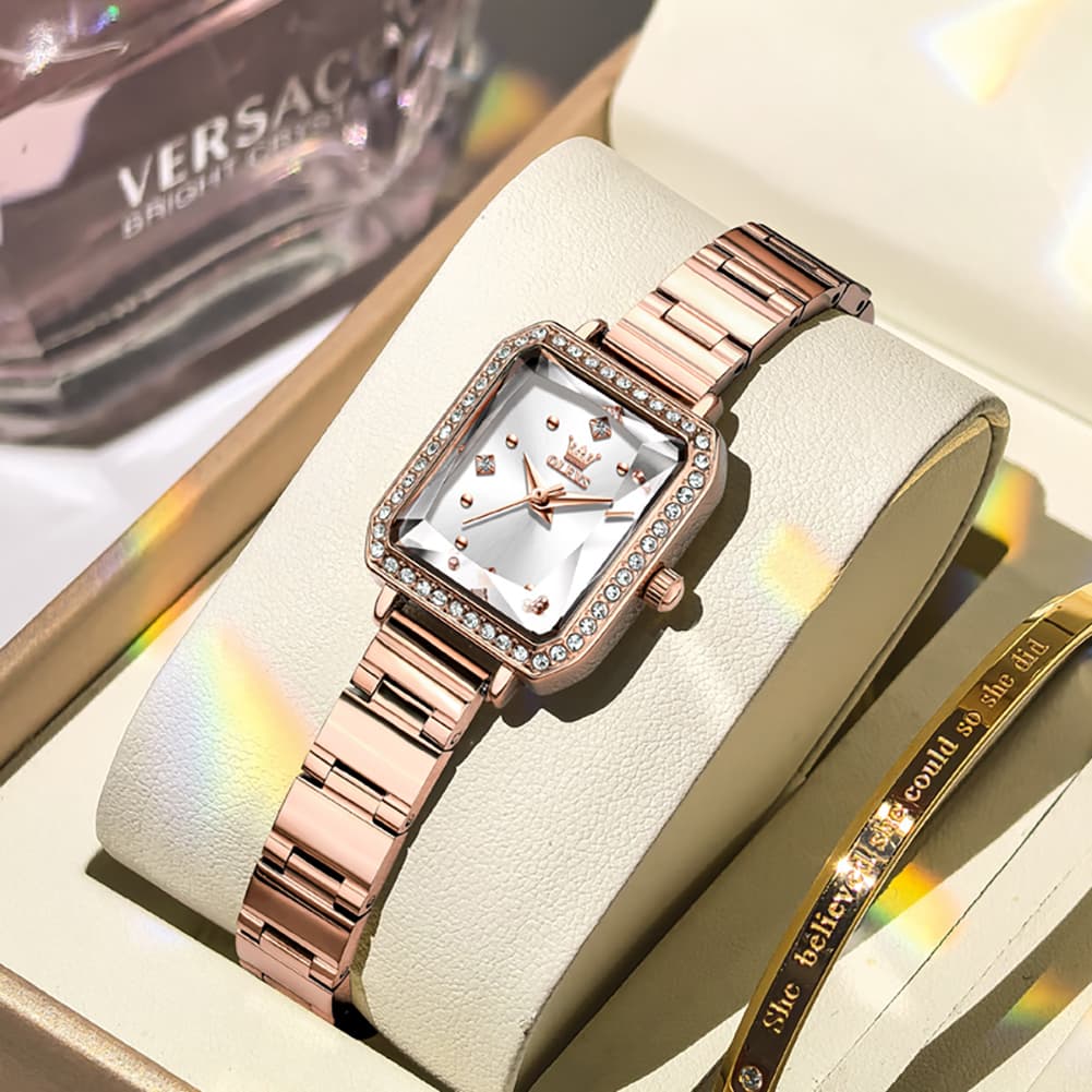 OLEVS 5688 Beveled Edge Crystal Rectangular Watch Diamond Bezel Stainless Steel Quartz Timepiece for Women