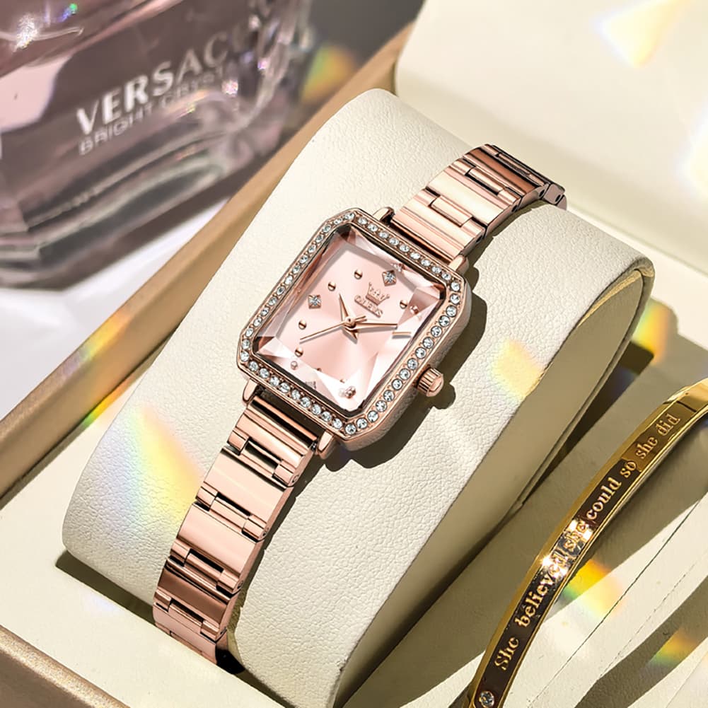OLEVS 5688 Beveled Edge Crystal Rectangular Watch Diamond Bezel Stainless Steel Quartz Timepiece for Women