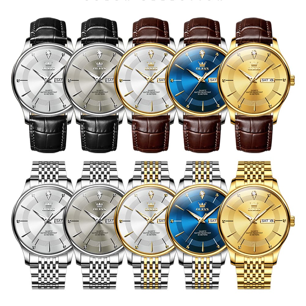 OLEVS 9908 Diamond Accent Day Date Quartz Watch for Men