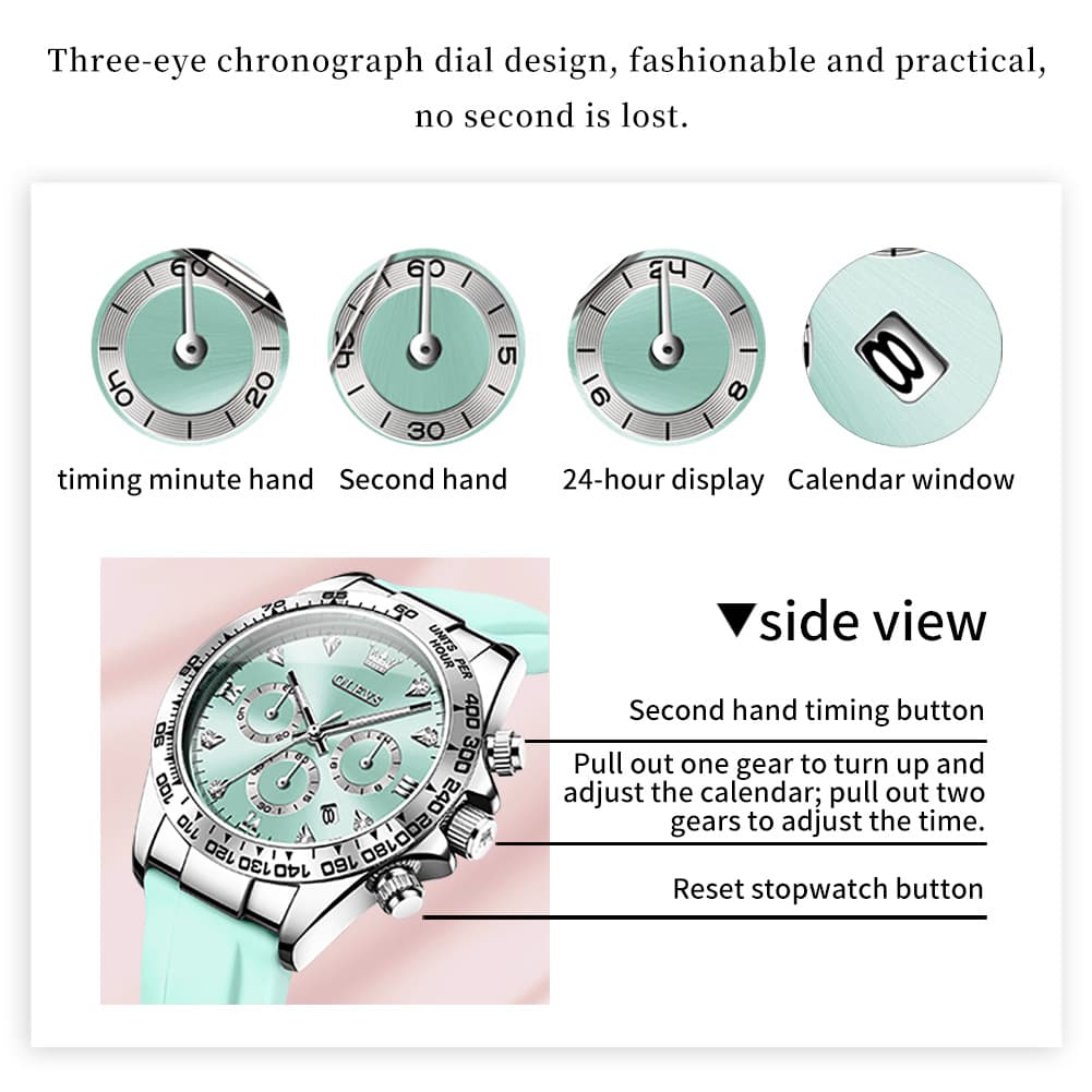 OLEVS Women Chronograph Watch Silicone Sport Strap Date Quartz 5618