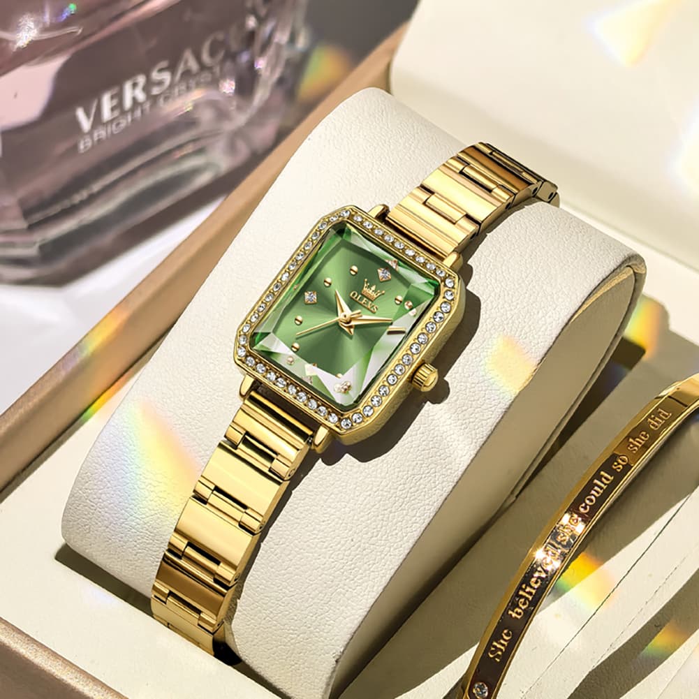 OLEVS 5688 Beveled Edge Crystal Rectangular Watch Diamond Bezel Stainless Steel Quartz Timepiece for Women