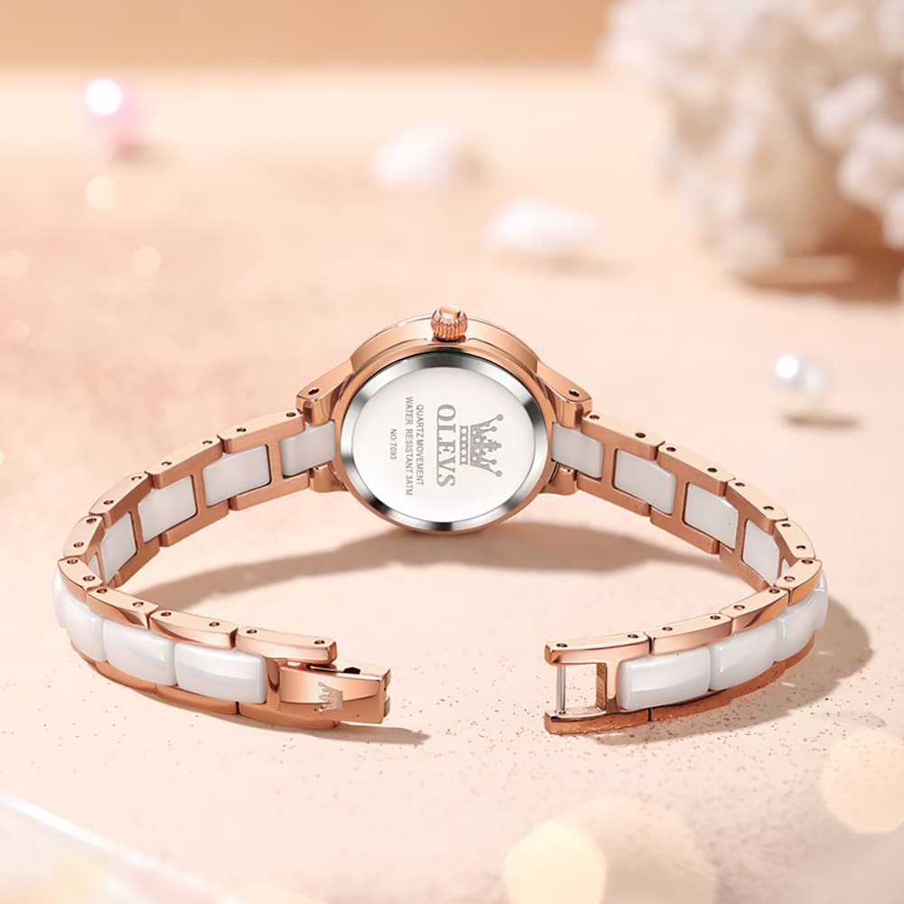 OLEVS 7093 White Ceramic Watch Women Dainty Diamond Bezel Date Quartz Jewelry Timepiece