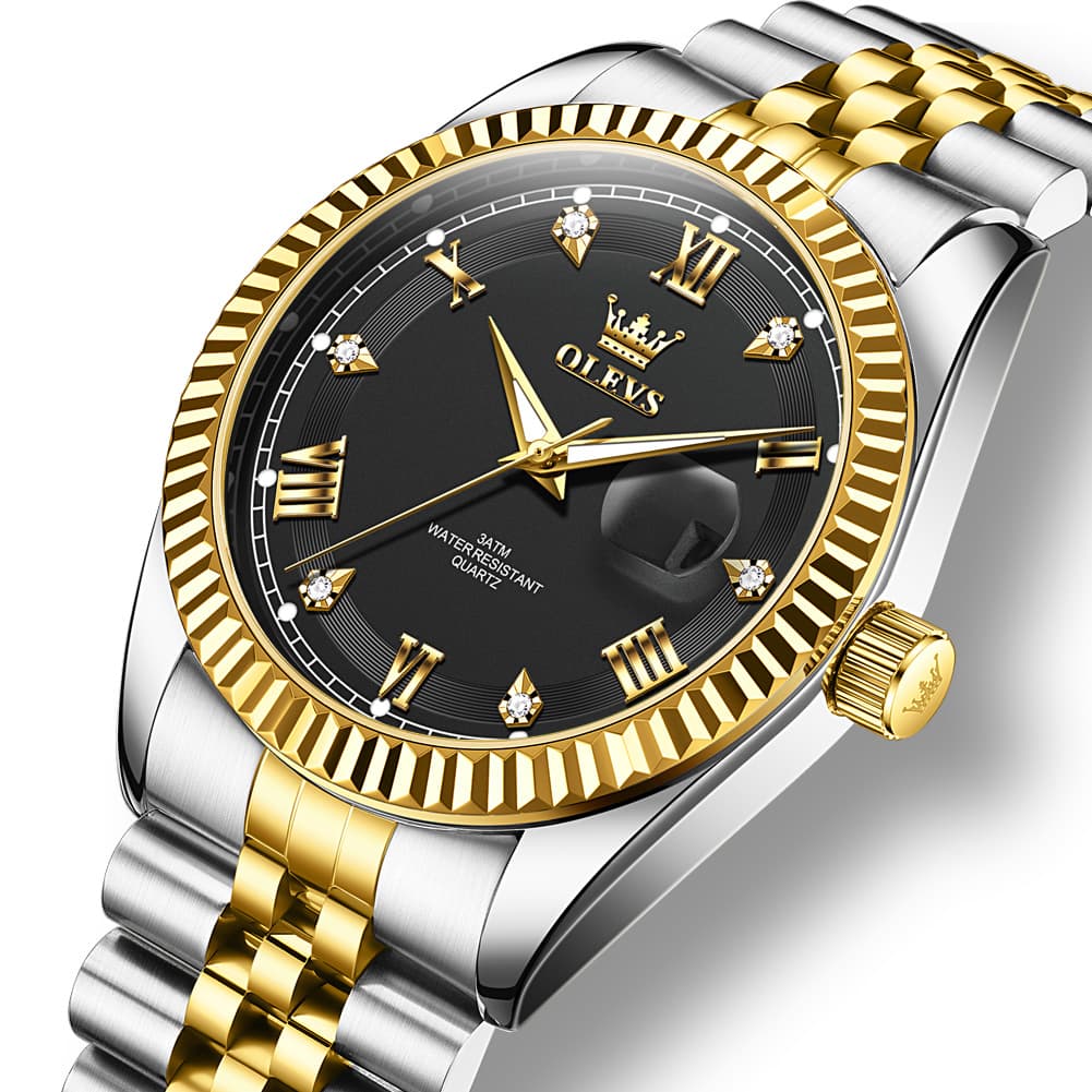 OLEVS 5680 Fluted Bezel Roman Diamond Dial Watch Stainless Steel Jubilee Bracelet Quartz Timepiece for Men