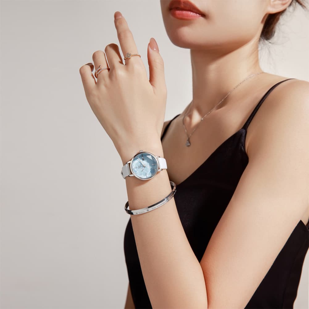 OLEVS 5656 Diamond Cut Faceted Crystal Quartz Watch Leather or Steel Bracelet Elegant Dress Timepiece for Women