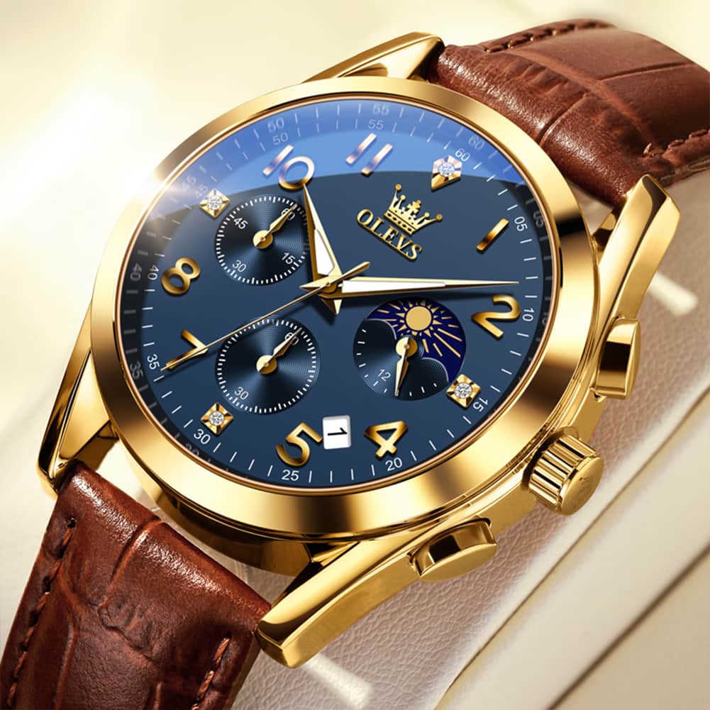 OLEVS 2890 Leather Chronograph Moon Phase Watch for Men