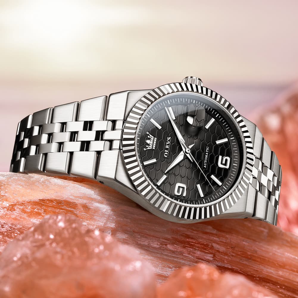 OLEVS 7105 Fluted Bezel Automatic Mechanical Luxury Dress Watch for Men