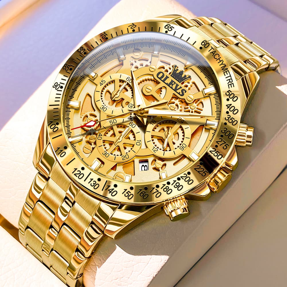 OLEVS 9913 Skeleton Dial Chronograph Gold Quartz Watch for Men