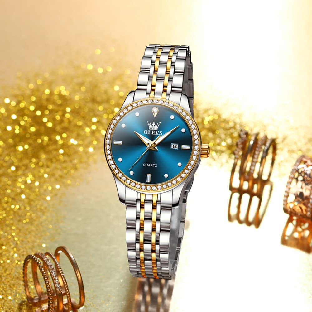 OLEVS 3625 Diamond Bezel Quartz Steel Watch for Women
