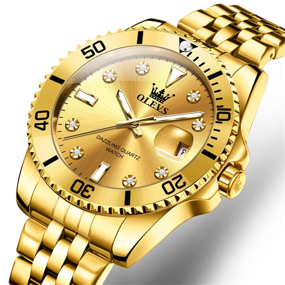 OLEVS 9809 Rotating Bezel Diamond Dial Stainless Steel Quartz Watch for Men