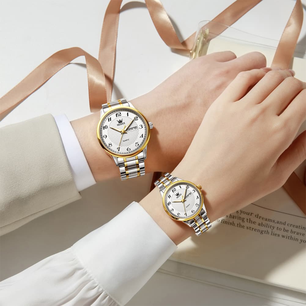 OLEVS 5667 Sapphire Crystal Couple Watch Day Date Stainless Steel Bracelet Luxury Timepiece for Men and Women