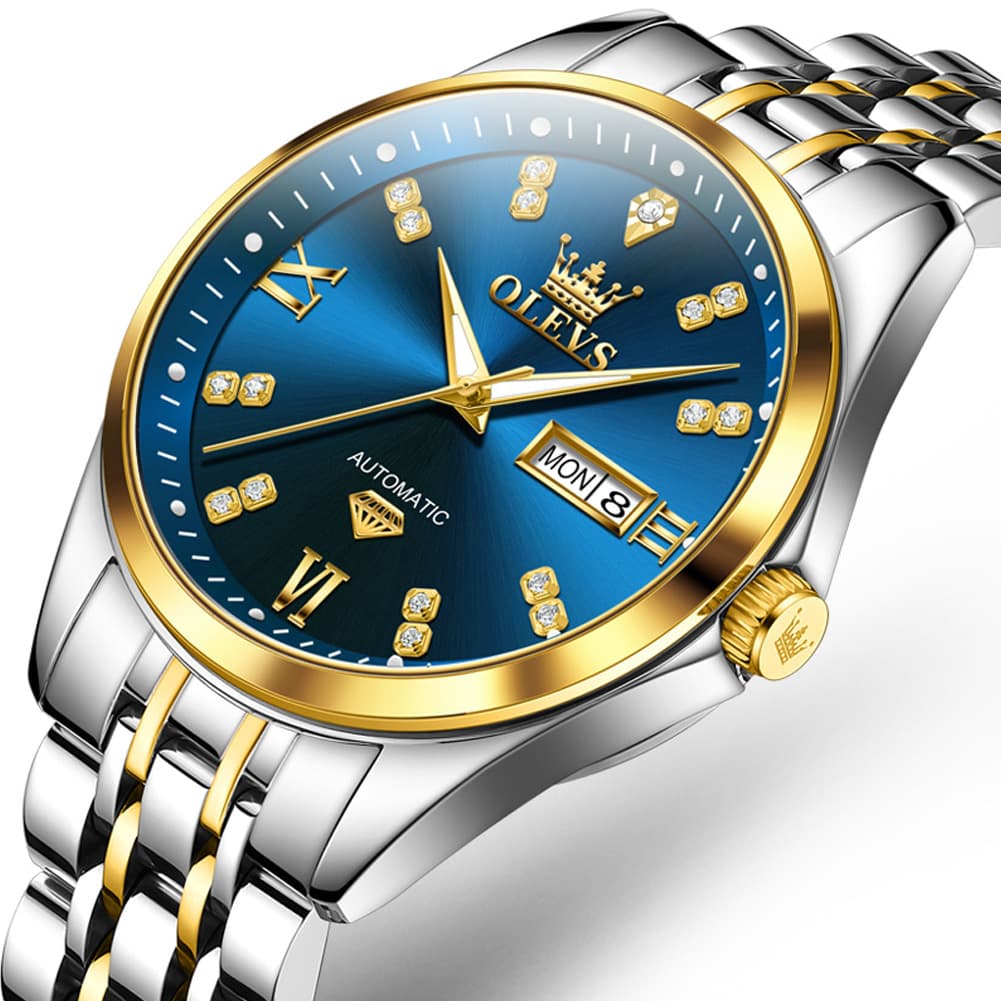 OLEVS Diamond Dial Automatic Mechanical Watch 9801 Day Date for Men