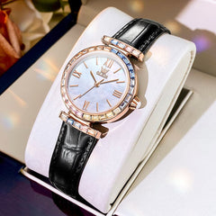 OLEVS 9007 Rainbow Bezel Mother of Pearl Leather Quartz Watch for Women