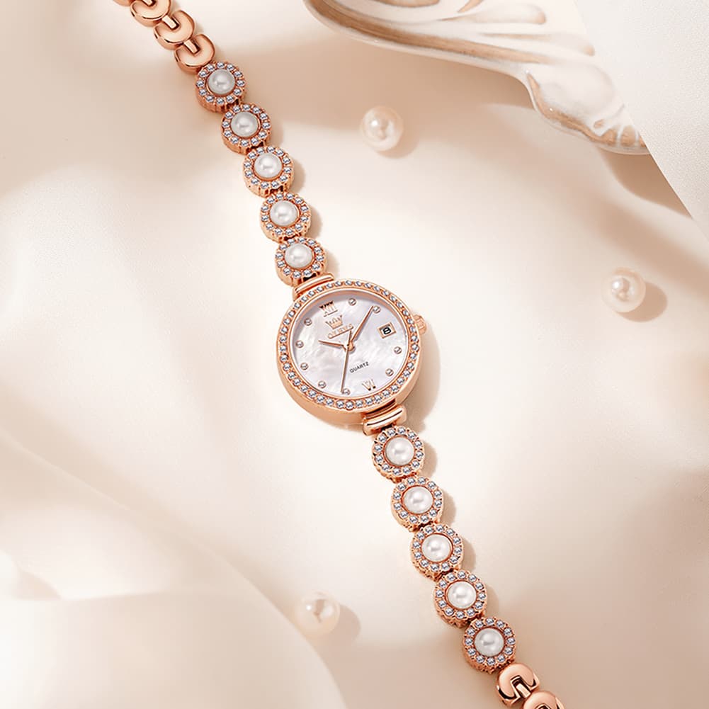 OLEVS Women Pearl Bracelet Watch Diamond Mother of Pearl Date Quartz 5635