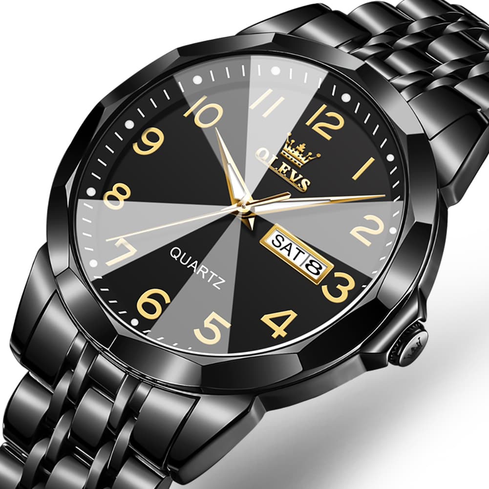 OLEVS 9970 3D Rhombic Faceted Glass Day Date Watch for Men