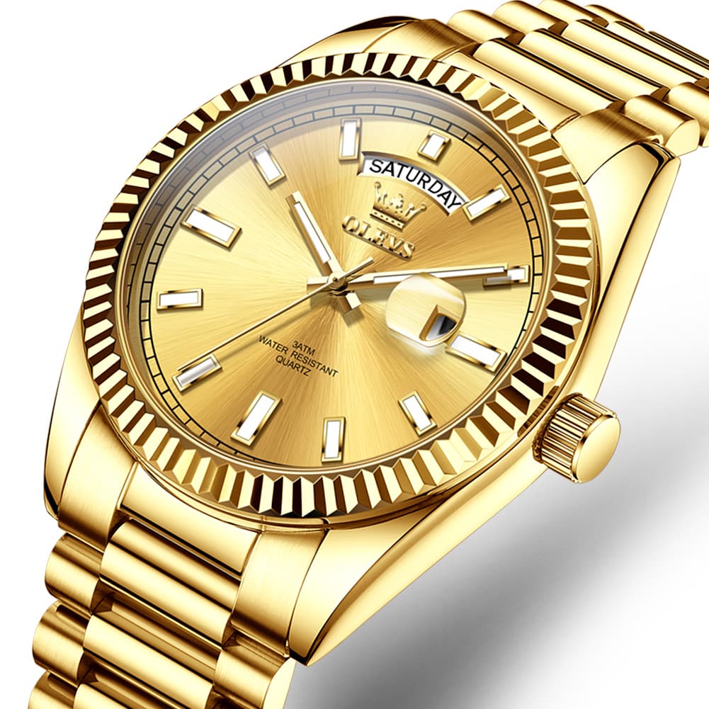 OLEVS 5650 Fluted Bezel Day Date Watch Stainless Steel Quartz Luxury Timepiece for Men