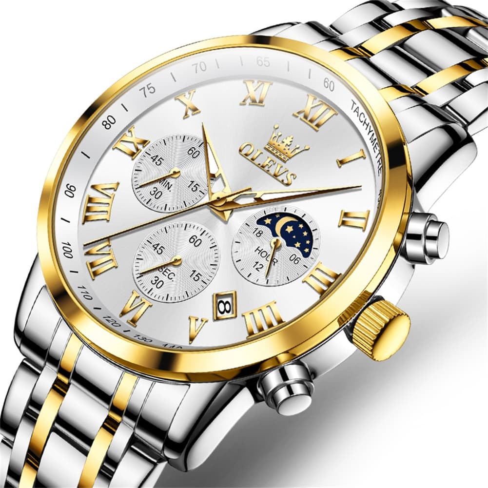 OLEVS Chronograph Moon Phase Dress Watch for Men Stainless Steel 5529