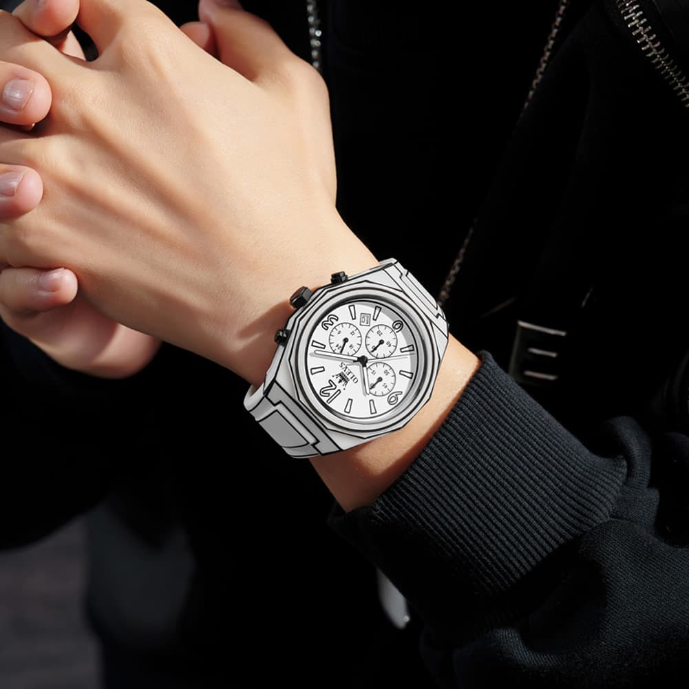 OLEVS Men Streetwear Comic Chronograph Watch Octagonal Silicone Quartz 5622